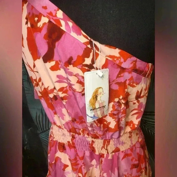 Pink and Red Floral Tie Front One Shoulder Knee-Length Sundress - Picture 5 of 12